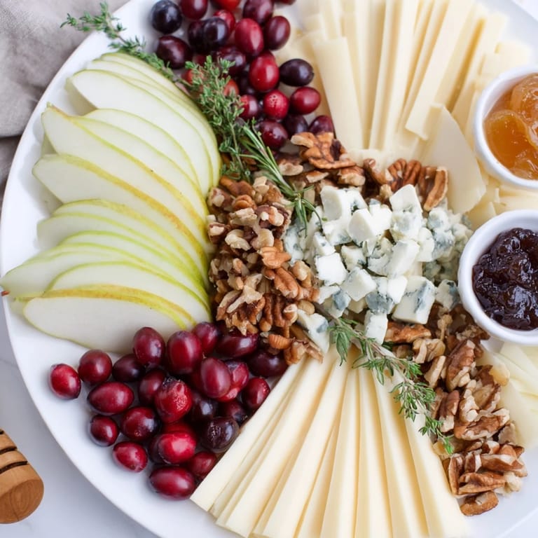This beautiful Seasonal Platter: Winter Cabin Cheese Display showcases the textures of cheeses, nuts, and a touch of fruit.