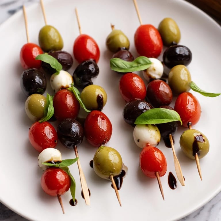 Close-up of colorful Christmas Lights Olive and Tomato Skewers, perfect finger food for a party, fresh basil included.
