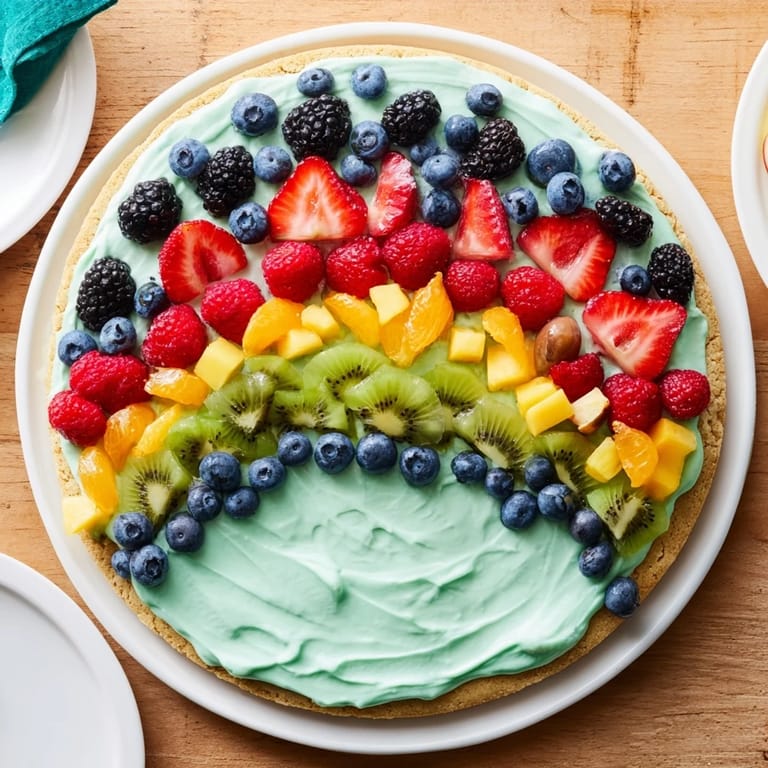 Close-up of a delightful Under the Sea Mermaid Tail Fruit Pizza, showing a creamy base, topped with fresh, bright fruit.