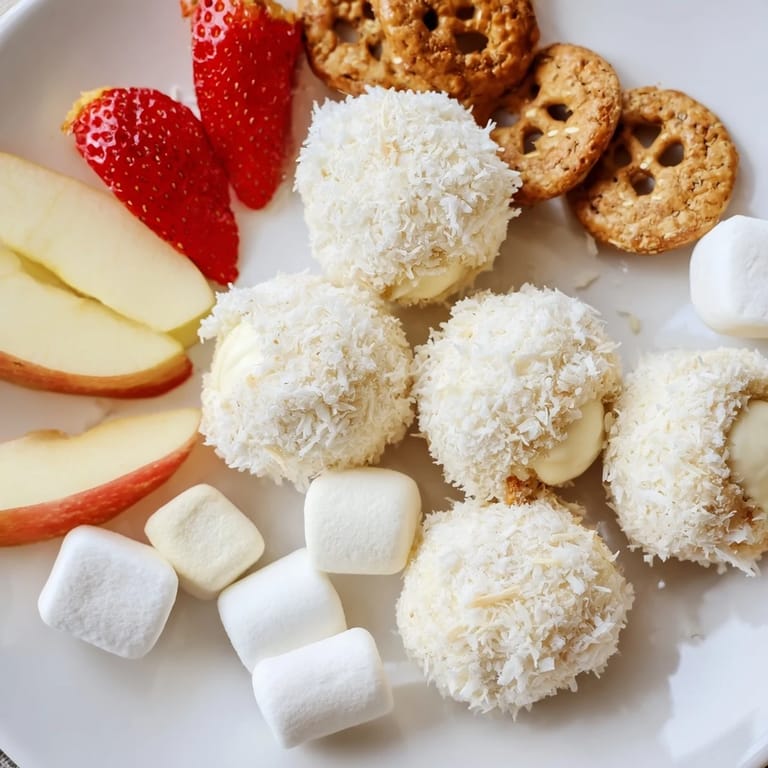 This festive Marshmallow Snowball Dip Platter displays creamy white dollops of marshmallow dip, coated in coconut flakes.
