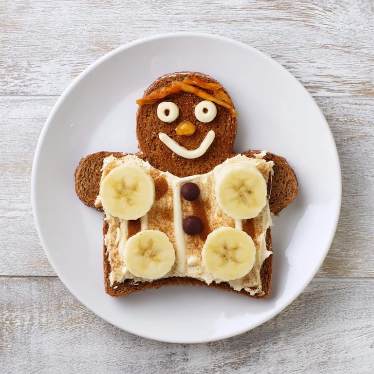 Adorable gingerbread man sandwich cutouts, featuring fruit faces inside soft bread, an easy snack.