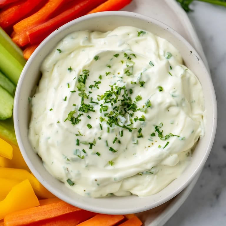 Freshly made Kids Dip with creamy cream cheese and ranch, boasting crisp veggie sticks perfect for dipping.