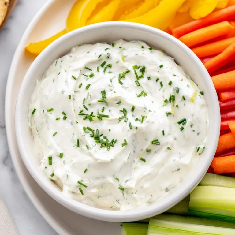 A vibrant image of Kids Dip: cool cream cheese and ranch dip alongside colorful, crunchy vegetable sticks.