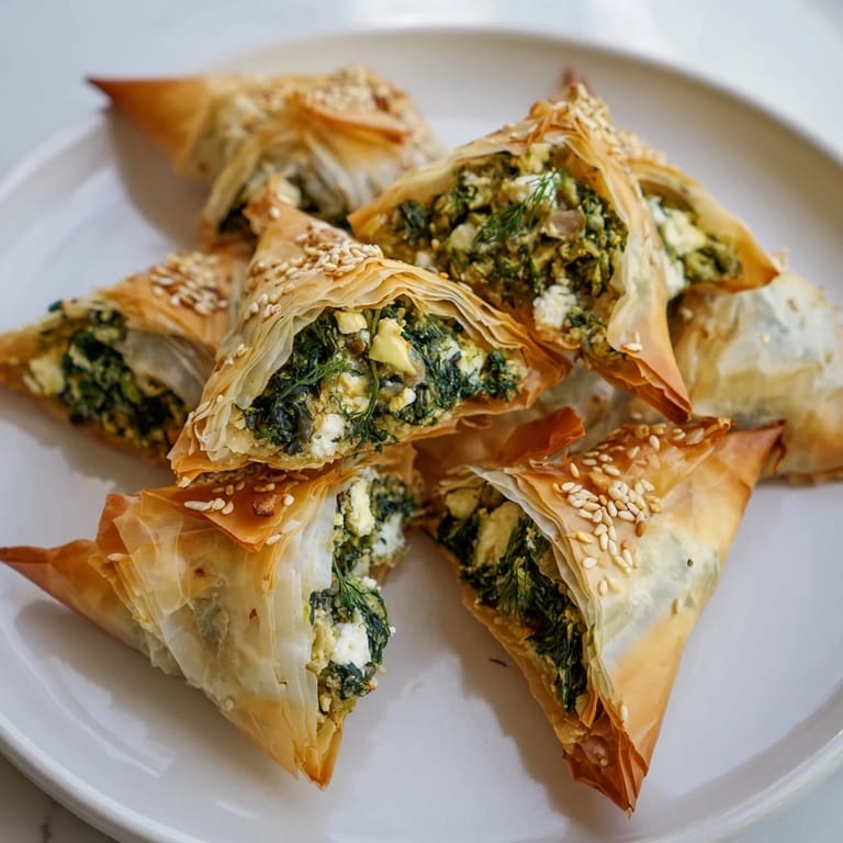 Close-up of baked Mini Spanakopita Triangle Cluster, invitingly arranged and ready to be enjoyed with a crispy texture.