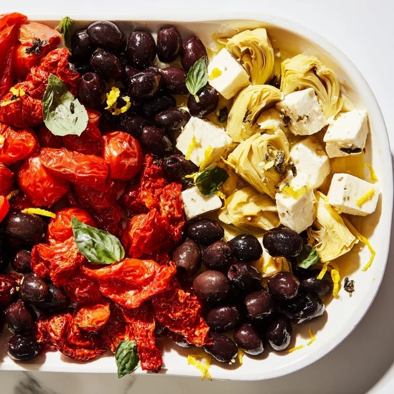A gorgeous close-up of the Black Olive and Sun-Dried Tomato Platter, a festive Mediterranean starter for parties.