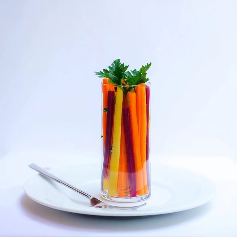 Colorful carrots, an array of orange, purple, red, and yellow, are served in elegant tall glasses.