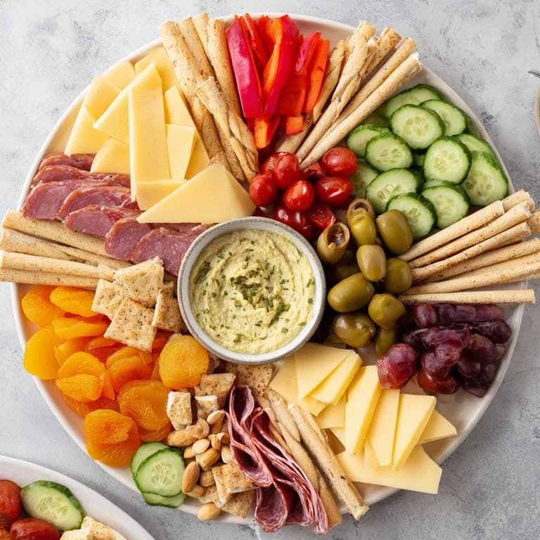Delicious arrowhead directional board with cheese, fresh fruits and crackers all pointing toward a tasty dip.