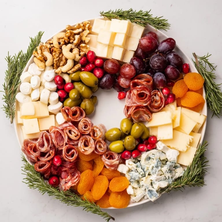 Flavorful Holiday Wreath Cheese Platter ready to serve with crackers, perfect for entertaining guests.