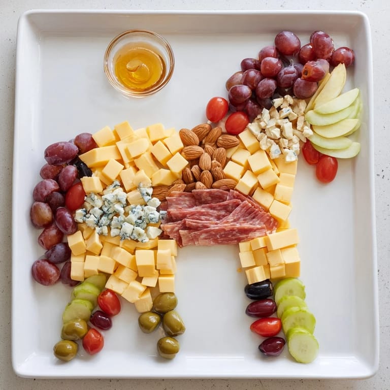 A festive horse-shaped grazing board overflowing with savory and sweet ingredients for a party.