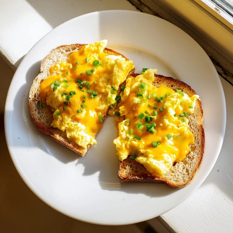 A warm one-pan egg breakfast sandwich featuring golden toasted bread slices and fluffy scrambled eggs.