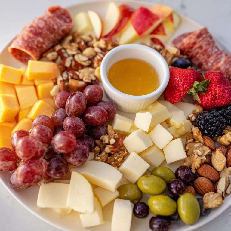 A close-up of a quick charcuterie snack board overflowing with delicious cheeses and meats.