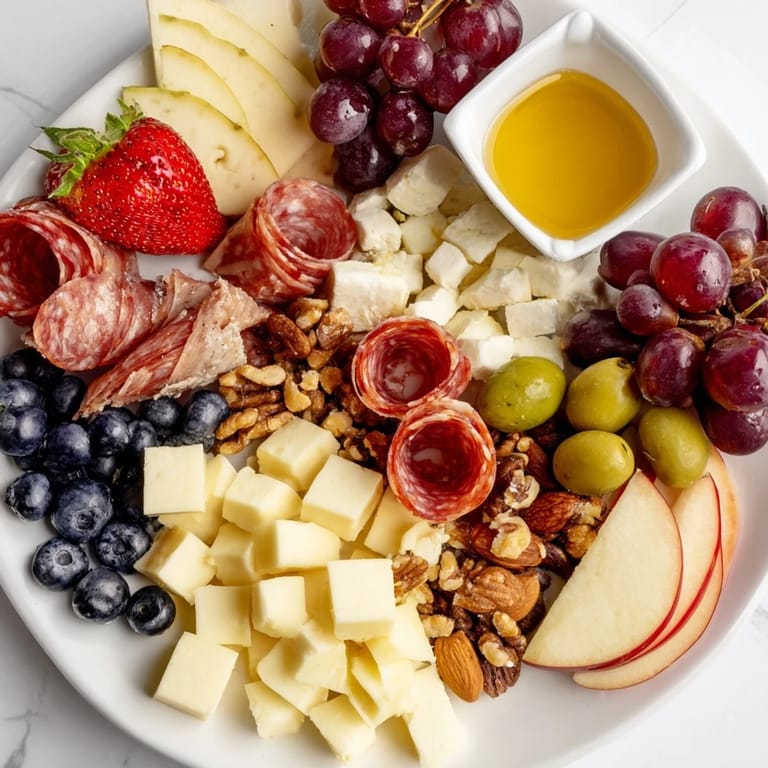Delicious, easy quick charcuterie snack board: a perfectly arranged cheese and meat platter.