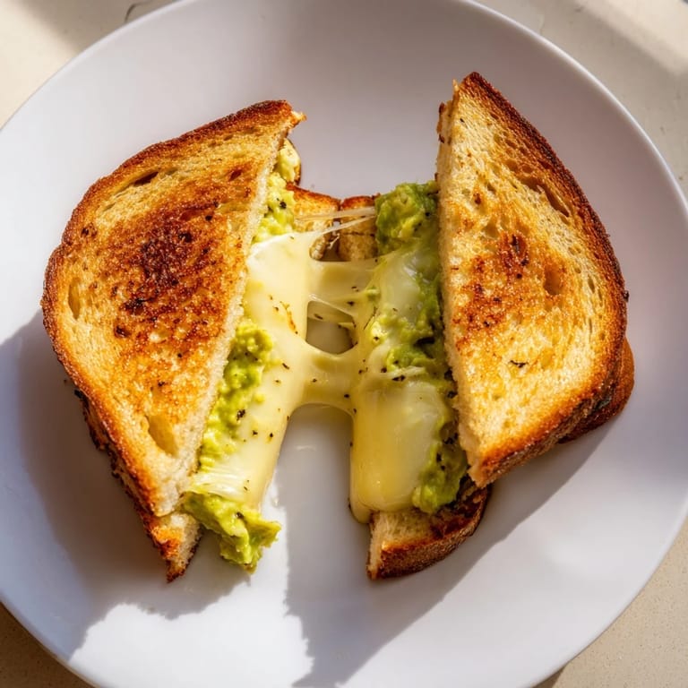 A close-up of a crispy Avocado Toast Grilled Cheese, perfectly grilled with oozing cheese.