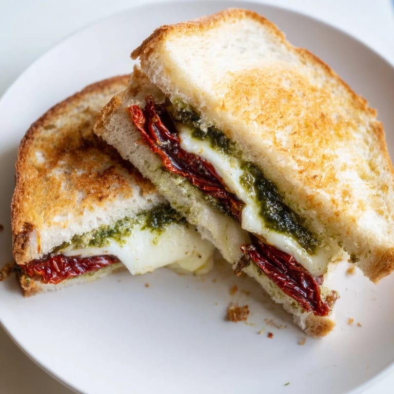 Enjoy a warm and comforting Pesto Grilled Cheese featuring melted mozzarella and toasted sourdough.