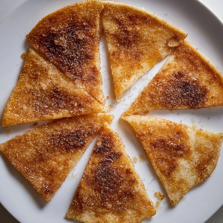 A close-up shot of homemade Cinnamon Sugar Tortilla Chips, freshly air-fried and lightly glistening.