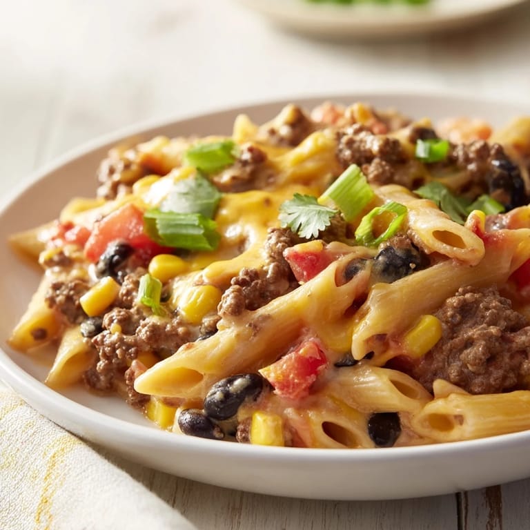 A close-up of creamy Cheesy Taco Pasta, loaded with seasoned beef and black beans, ready to eat.