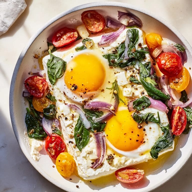 Perfectly baked feta eggs, a delightful savory breakfast, topped with fresh basil and easy to make.