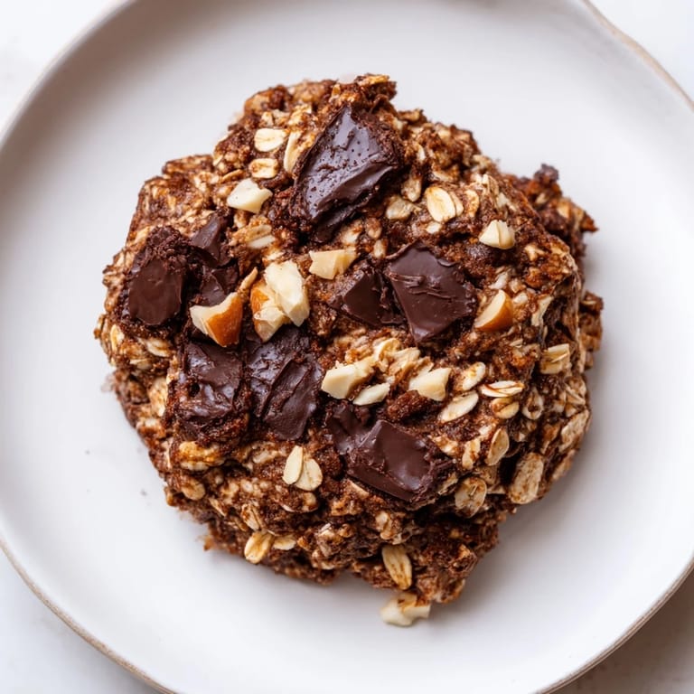 Close-up of a freshly baked chocolate oatmeal breakfast cookie, boasting a rich chocolate aroma and appealing texture.