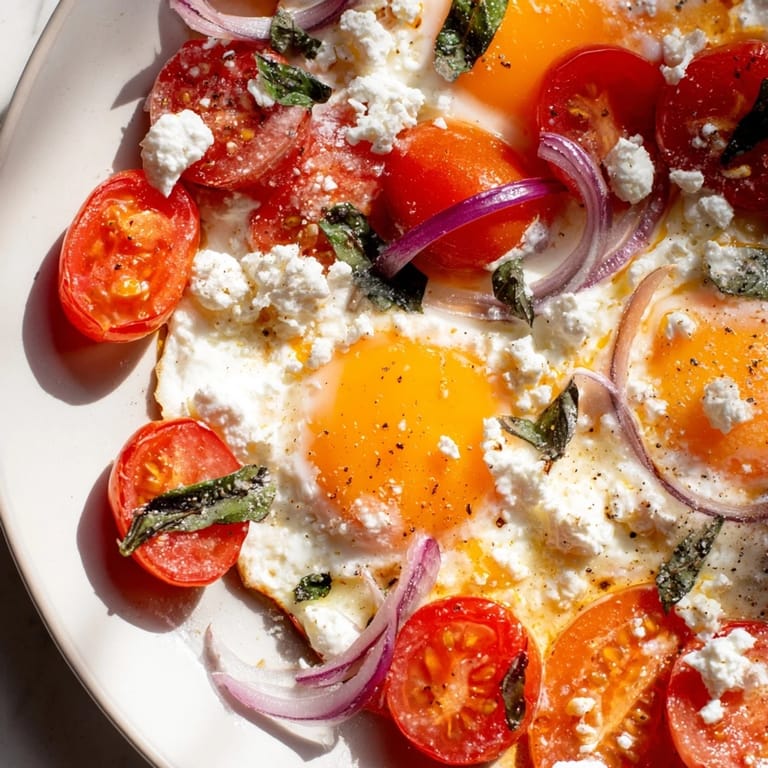 Mediterranean Tomato Feta Baked Eggs: A vibrant dish with bubbly cheese, soft baked eggs, and fresh basil garnish.