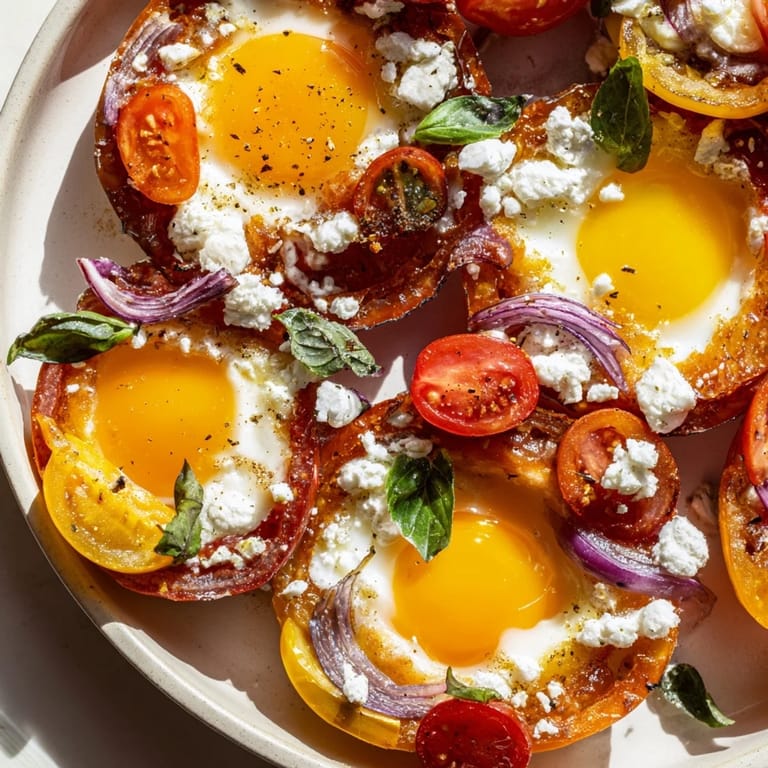 Golden, baked Tomato Feta Eggs with savory feta, basil, and roasted tomatoes, ready to serve from the pan.