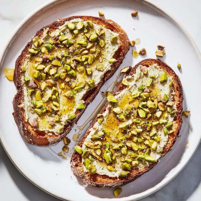 Imagine biting into this sweet, pistachio butter toast, drizzled with honey, and crunchy pistachios.