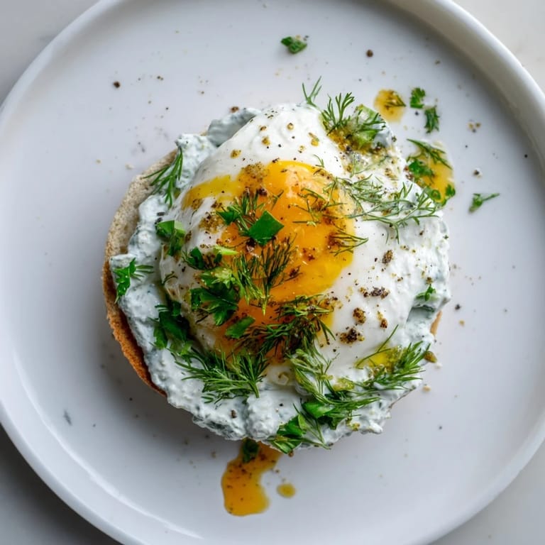 This photo features a finished serving of Çılbır Eggs Benedict, decorated with fresh herbs and pepper.