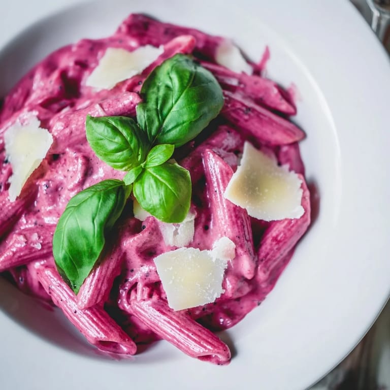 Italian-inspired pink pasta with beet cream; a comforting vegetarian meal with a silky sauce.