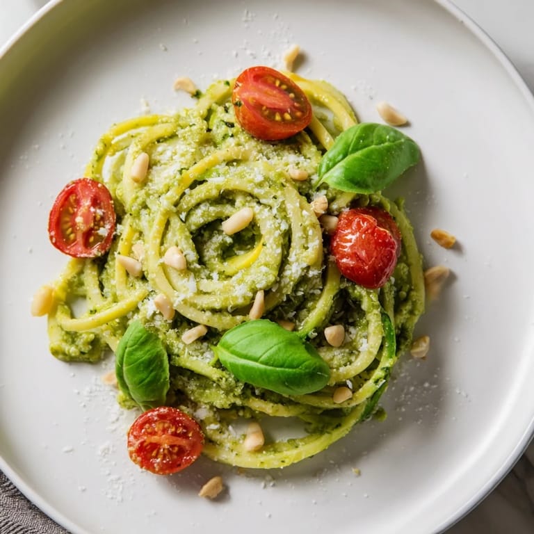 A bowl of delicious Avocado Pesto Zoodles with a sprinkle of fresh cracked pepper, ready.
