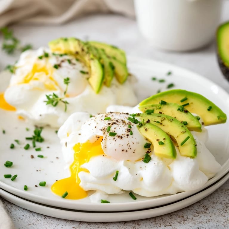 Plate of cloud bread breakfast clouds, a gluten-free breakfast idea with runny egg yolks and savory toppings.