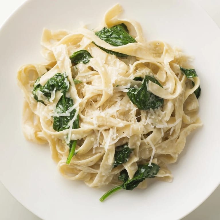 Serving suggestion for Creamy Garlic Spinach Pasta plated in a ceramic bowl, highlighting the tender spinach and creamy texture of this easy weeknight meal.