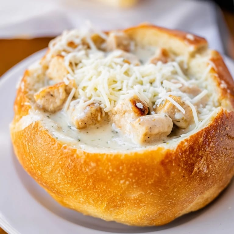 A close-up of a steaming Chicken Alfredo Bread Bowl, revealing its rich, cheesy sauce and tender chicken.
