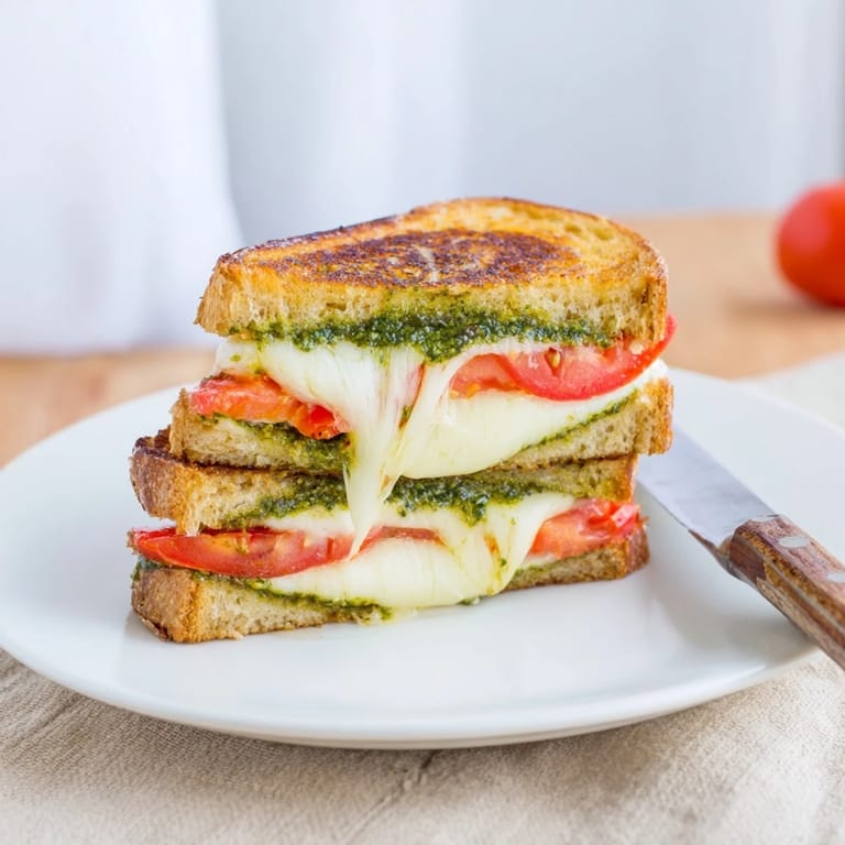 A close-up view of a warm Caprese Pesto Grilled Cheese, cut diagonally to reveal the gooey, melted interior.