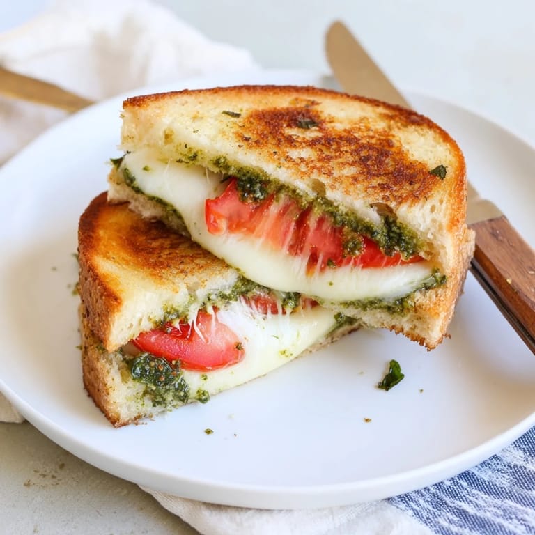 Freshly grilled Caprese Pesto Grilled Cheese, showcasing creamy mozzarella, ripe tomato, and basil pesto between crusty bread.
