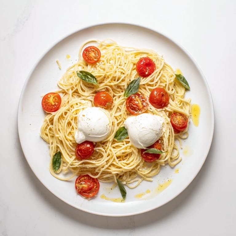 The creamy burrata melts into warm spaghetti, creating an irresistible cheese pull.  