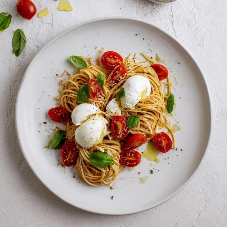Serve this comforting Burrata Caprese Pasta with a drizzle of olive oil.