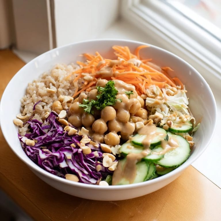 A nourishing Peanut Chickpea Rice Bowl served warm, garnished with scallions and cilantro, offering a colorful and satisfying vegan dinner.