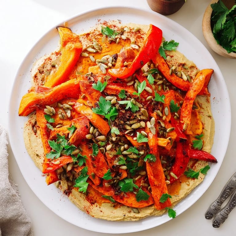 A hearty vegetarian main dish featuring caramelized vegetables, toasted seeds, and fresh parsley on a smooth, savory hummus base.  