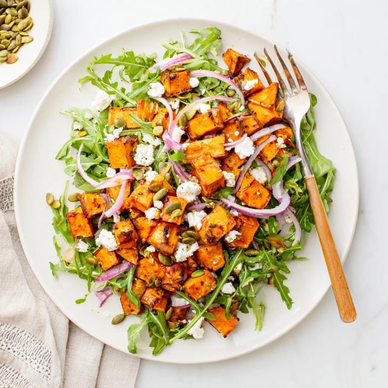 Warm roasted sweet potato salad served over peppery arugula with feta and crunchy seeds.
