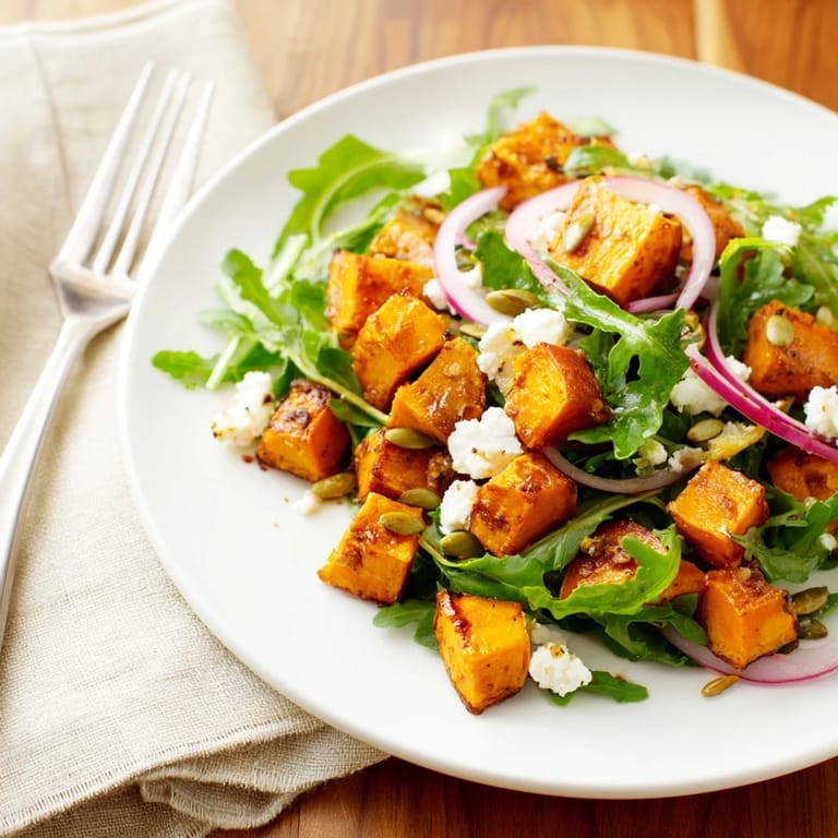 Vibrant roasted sweet potato salad tossed in honey-lime dressing, topped with feta and red onion.