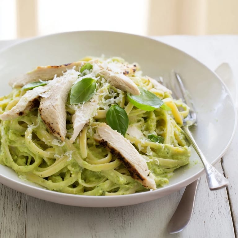 Warm grilled chicken slices nestle in silky green avocado sauce tossed with al dente spaghetti.