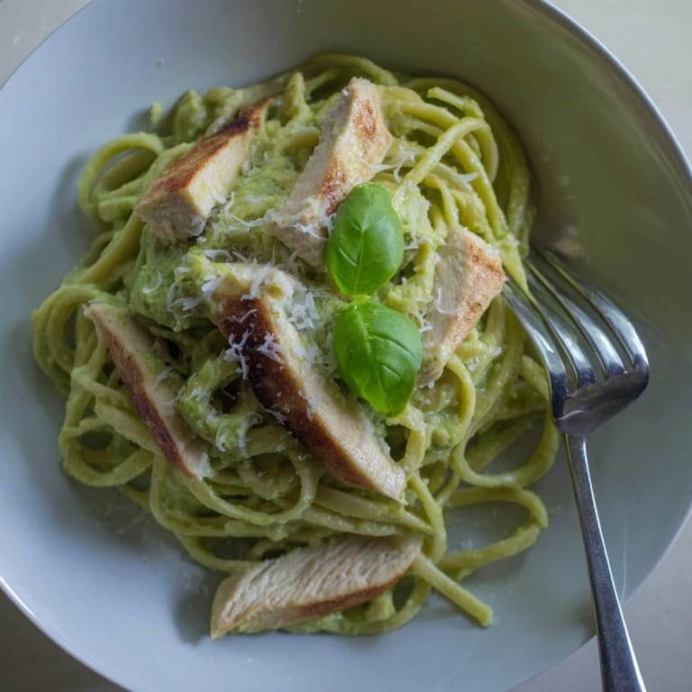A vibrant plate of creamy avocado chicken pasta garnished with lemon zest and red pepper flakes.