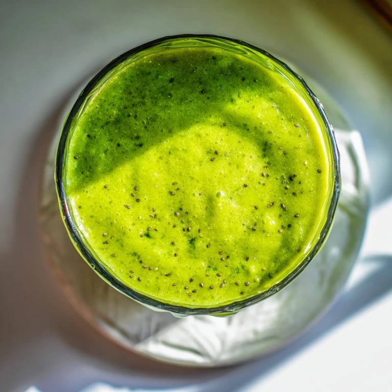 Close-up view of the thick, creamy Green Detox Smoothie, highlighting the blend of spinach, banana, and chia seeds.