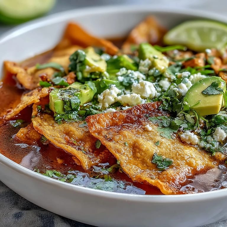 Hearty Sopa Azteca served with lime wedges and avocado, ready to enjoy.