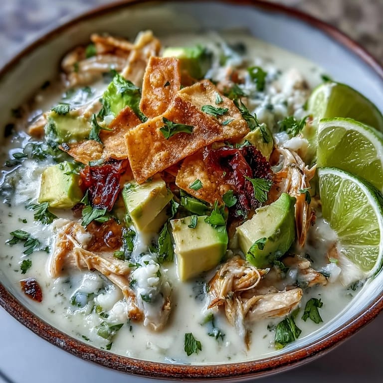 Ladle pouring Creamy Chicken Tortilla Soup into a bowl, topped with crushed tortilla chips and diced avocado.