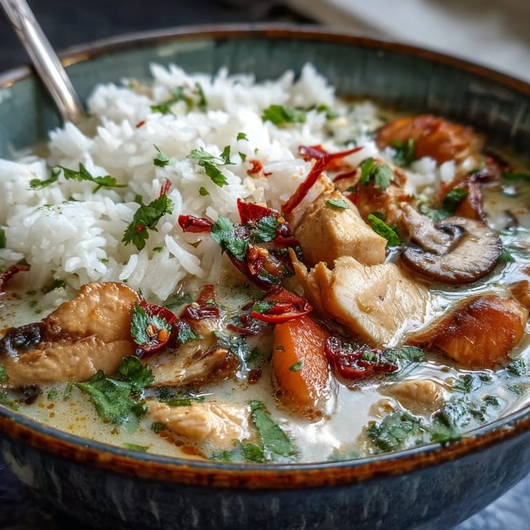 A vibrant bowl of Thai Coconut Curry Soup with red curry paste aromatics, jasmine rice, and fresh lime wedges on the side.
