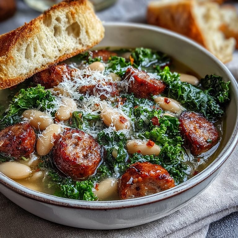 Rustic Italian White Bean Soup topped with Parmesan and olive oil, with crusty bread.