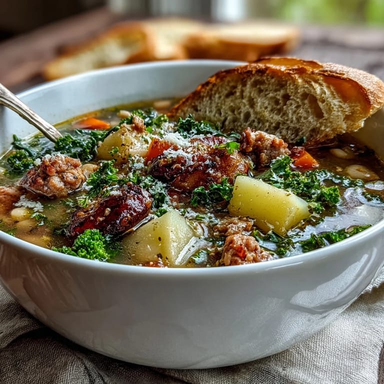 Rustic Tuscan White Bean Sausage Soup simmering in a pot with diced potatoes, tomatoes, and fresh herbs. 