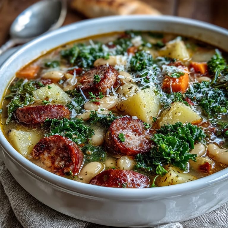 Serving of Tuscan White Bean Sausage Soup topped with grated Parmesan and a side of crusty bread.