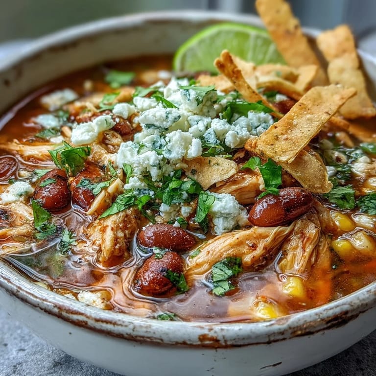 Chicken Tortilla Soup topped with fresh cilantro and lime wedges, served alongside crunchy golden corn tortilla strips.