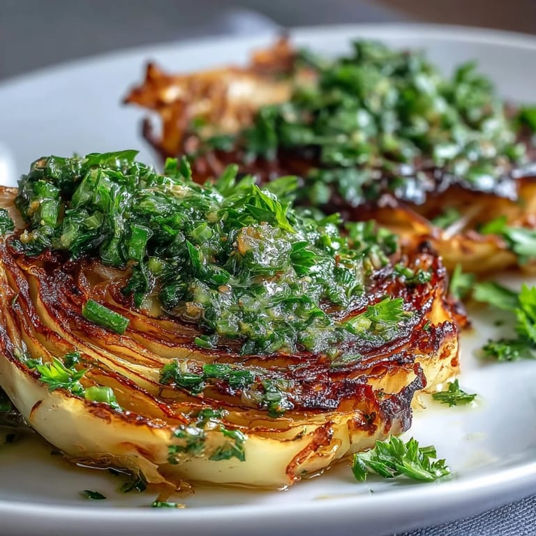 Overhead view of vegan Cabbage Steaks With Jalapeño Chimichurri on a white plate, ready for a hearty dinner.